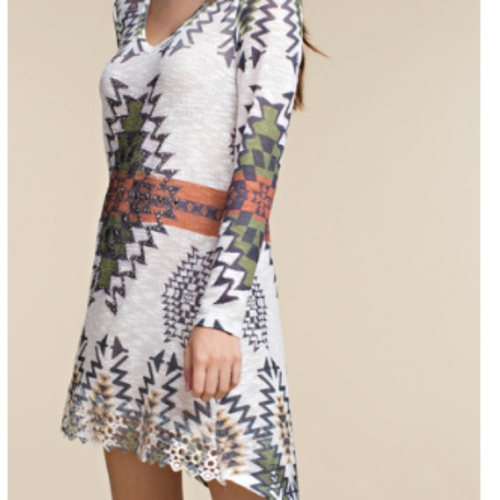 Vocal like new Aztec Tunic dress embellished top white green orange black print